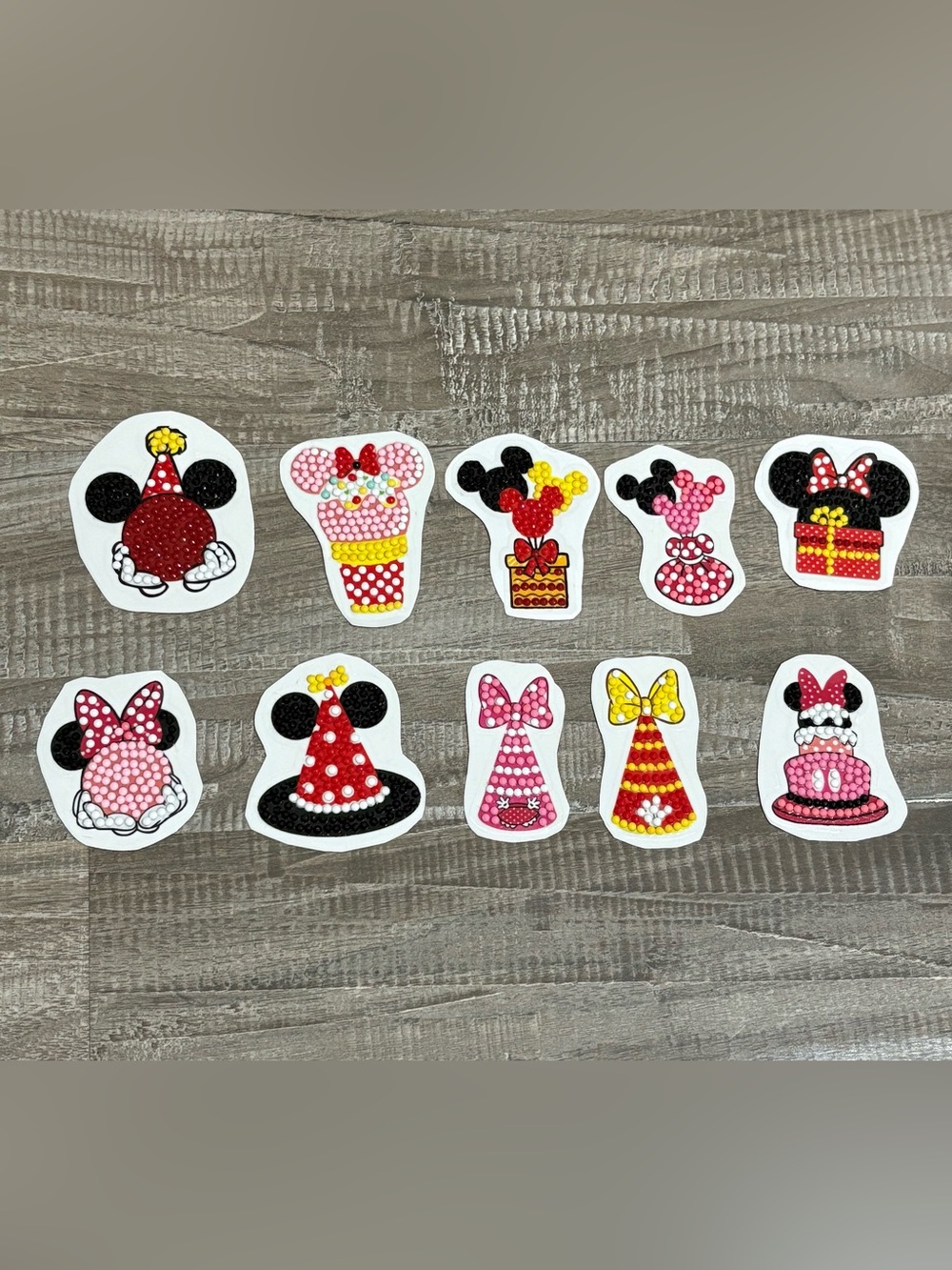 ! NEW HANDMADE! 10 Pack Disney Minnie Mickey Beaded Party Favor 3D Stickers Set